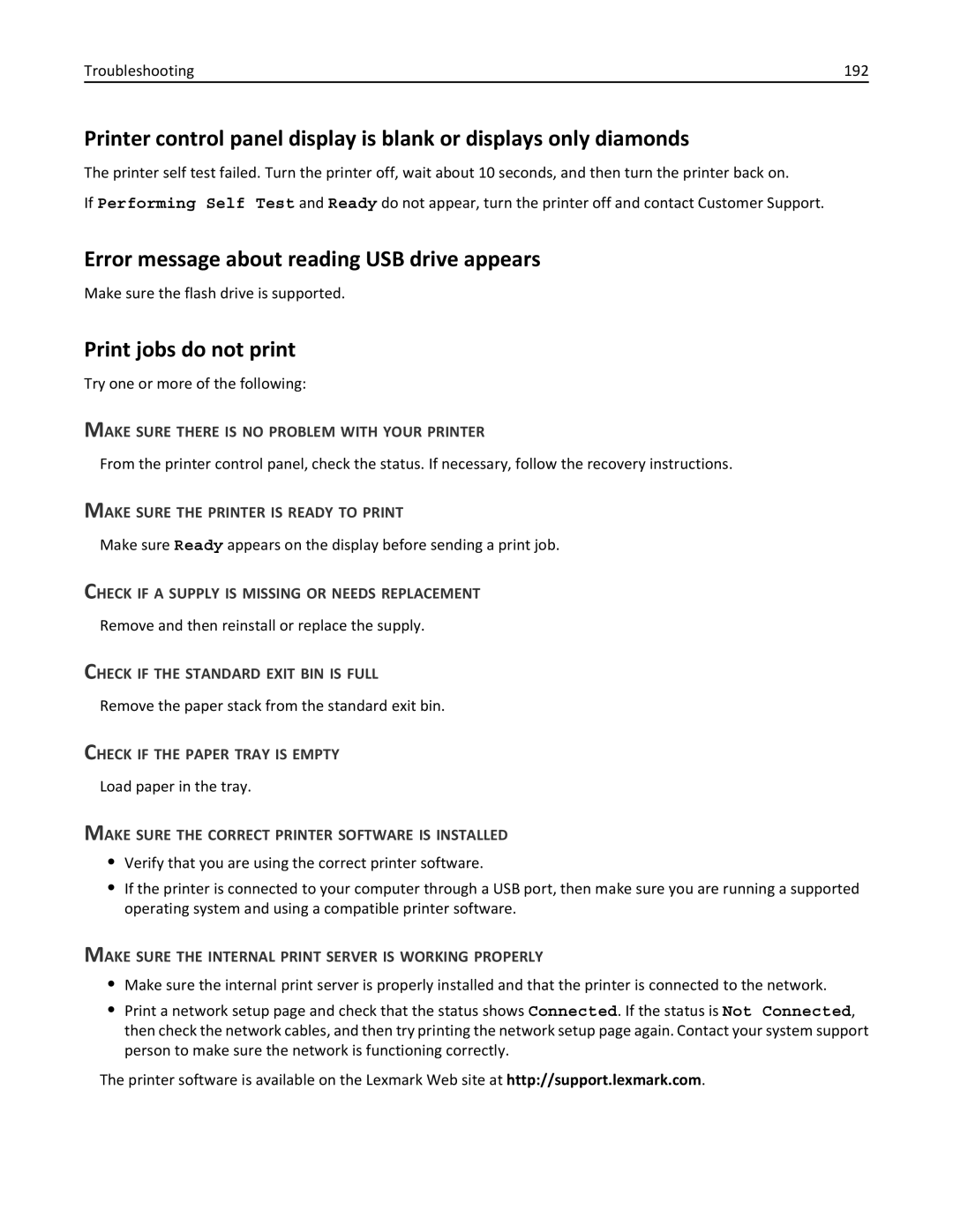 Lexmark 47B0002 manual Error message about reading USB drive appears, Print jobs do not print 