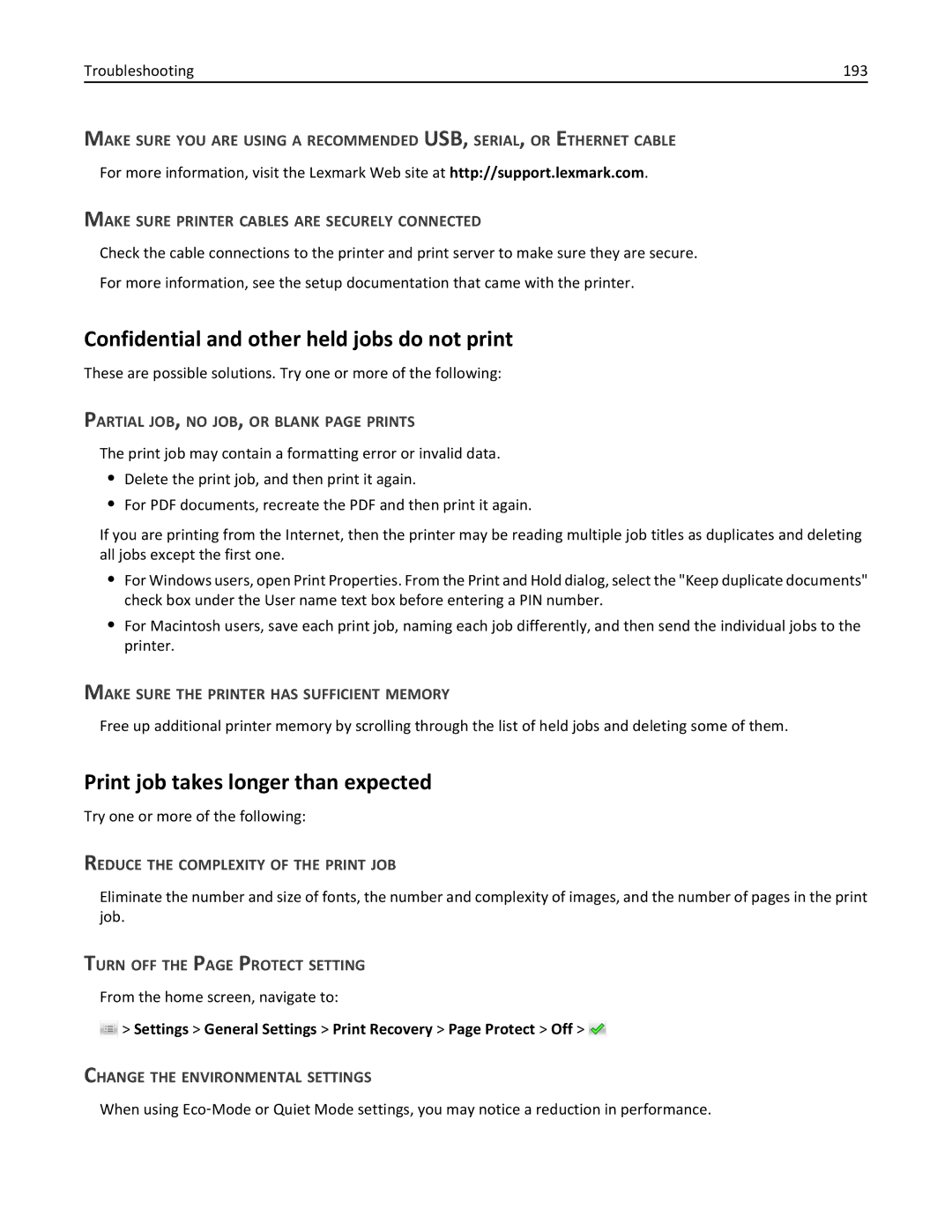 Lexmark 47B0002 manual Confidential and other held jobs do not print, Print job takes longer than expected 