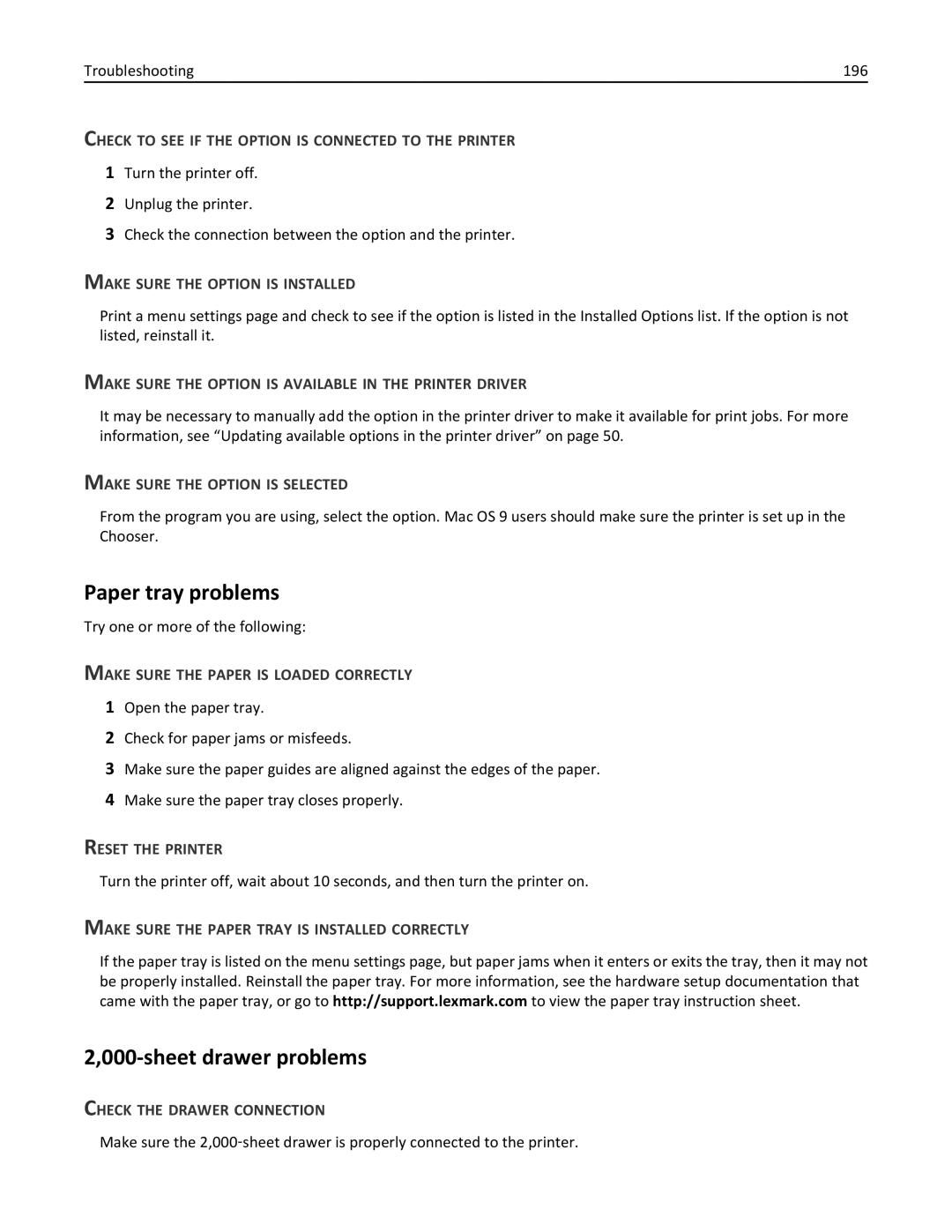 Lexmark 47B0002 manual Paper tray problems, Sheet drawer problems 