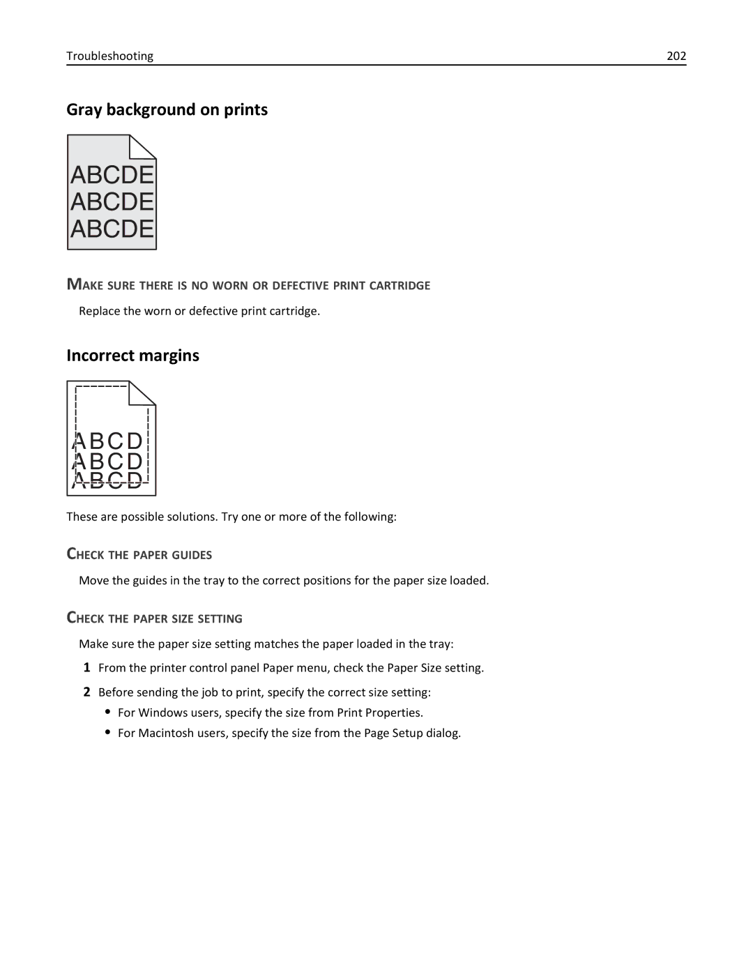 Lexmark 47B0002 manual Gray background on prints, Incorrect margins, Troubleshooting 202 