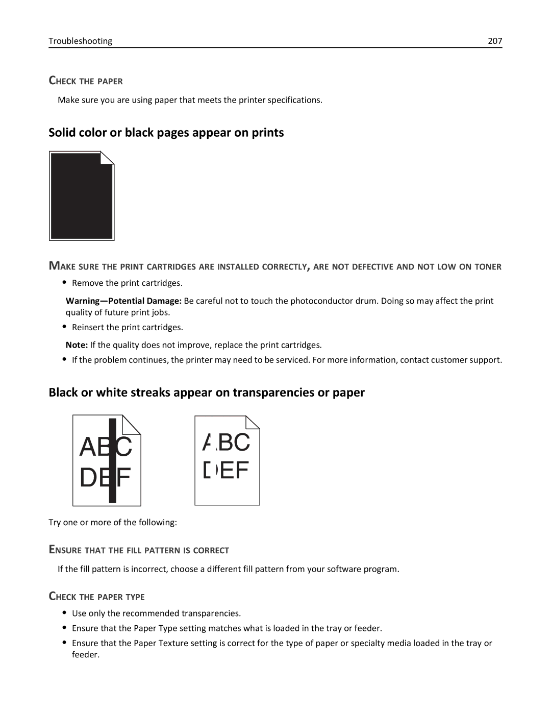 Lexmark 47B0002 Solid color or black pages appear on prints, Black or white streaks appear on transparencies or paper 