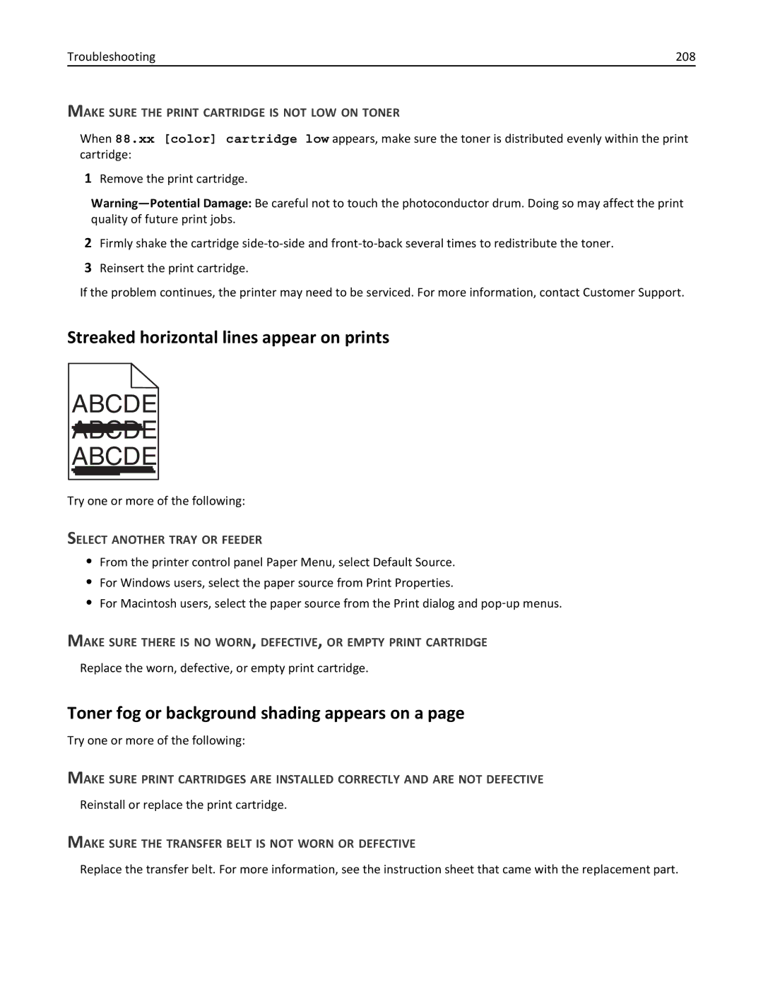 Lexmark 47B0002 manual Streaked horizontal lines appear on prints, Toner fog or background shading appears on a 