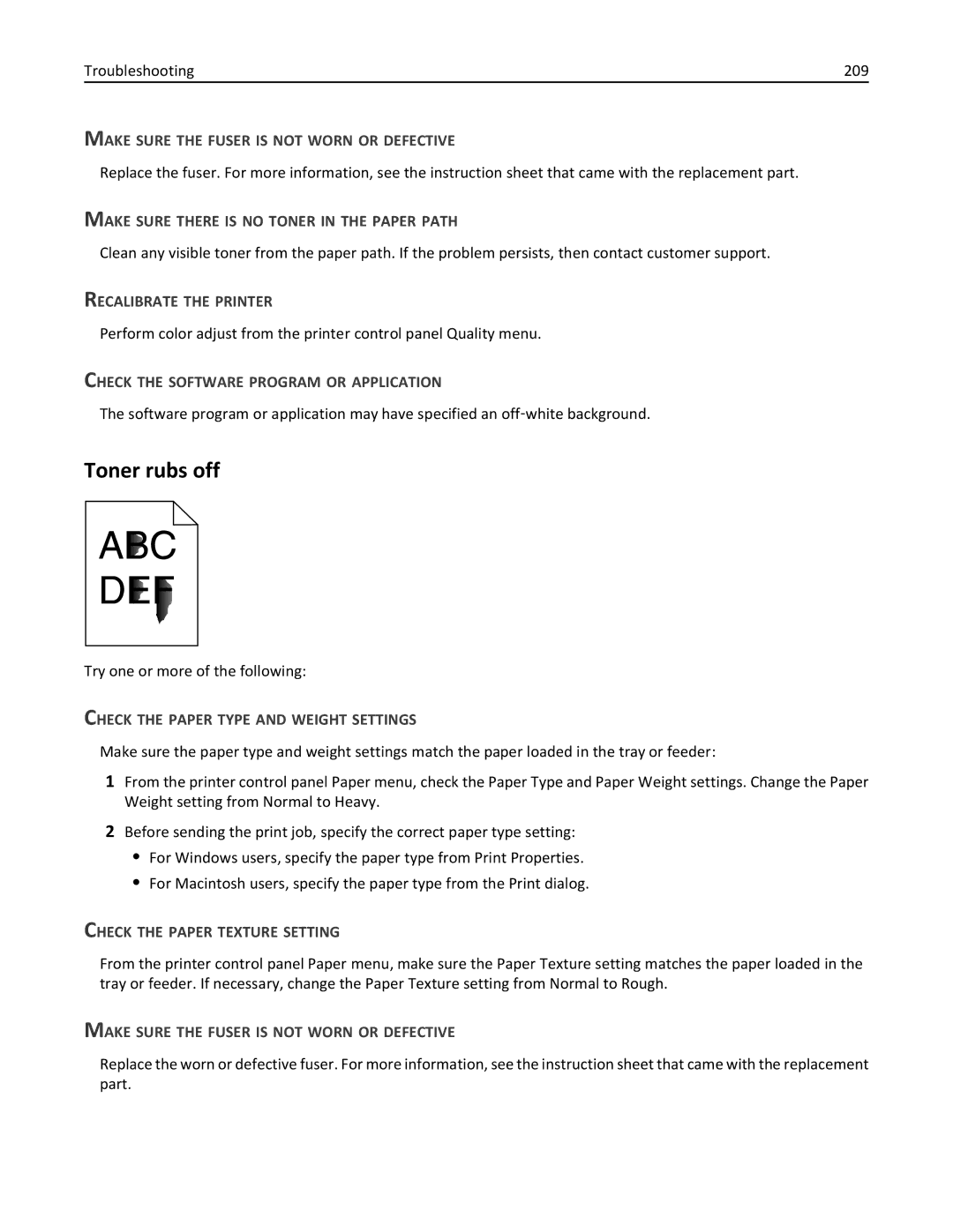 Lexmark 47B0002 manual Toner rubs off 