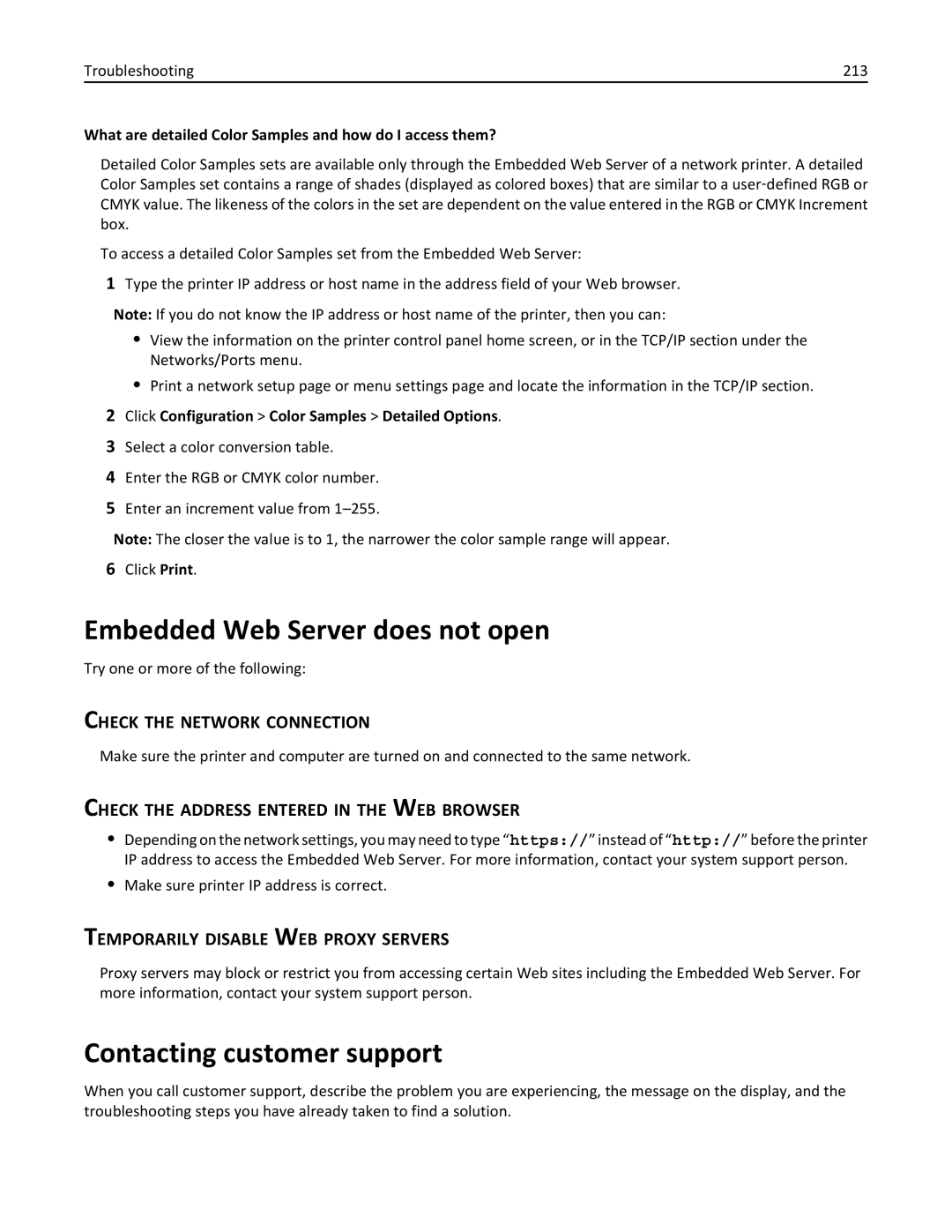 Lexmark 47B0002 manual Embedded Web Server does not open, Contacting customer support, Troubleshooting 213 