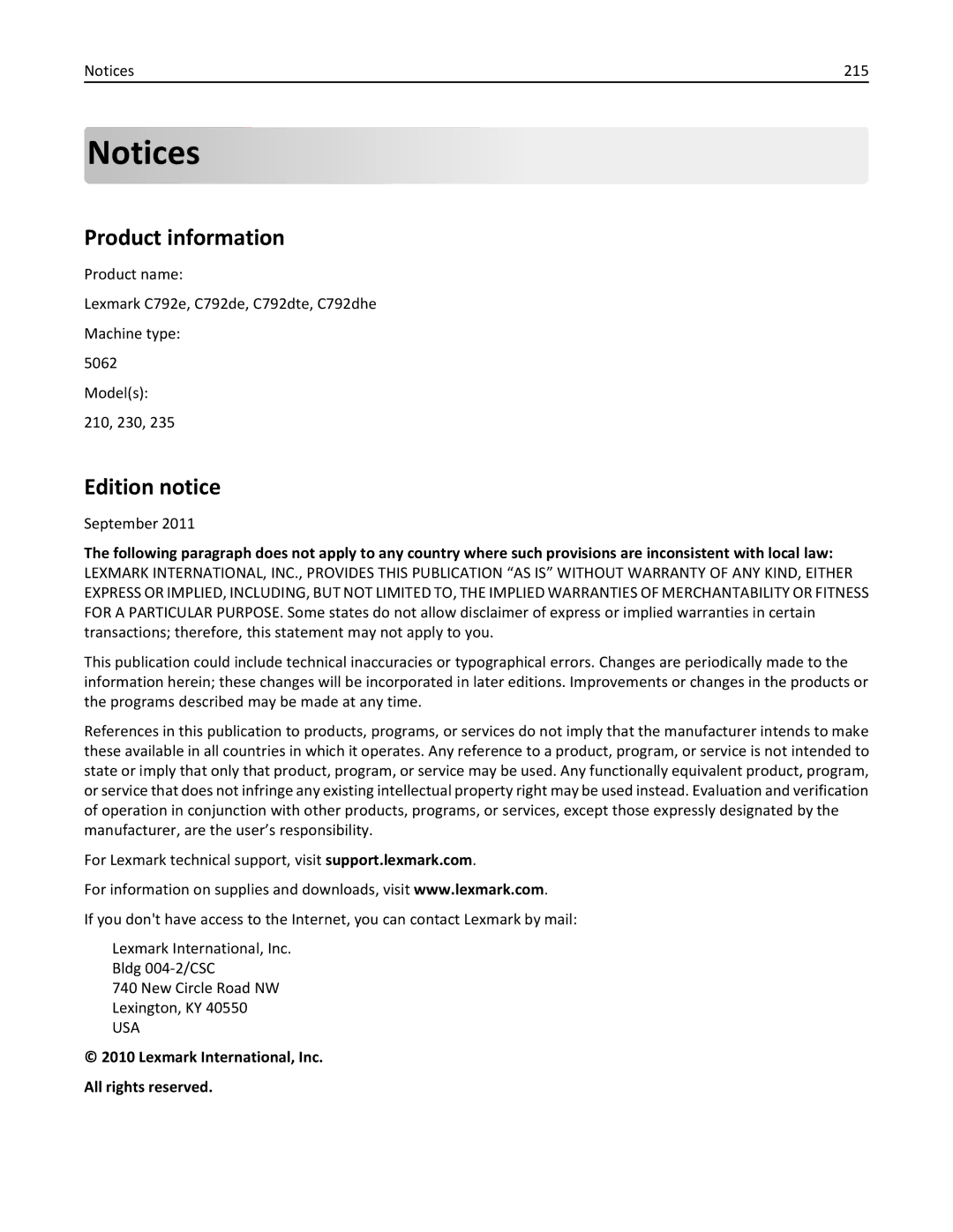 Lexmark 47B0002 manual Product information, Edition notice, 215, September, Lexmark International, Inc All rights reserved 