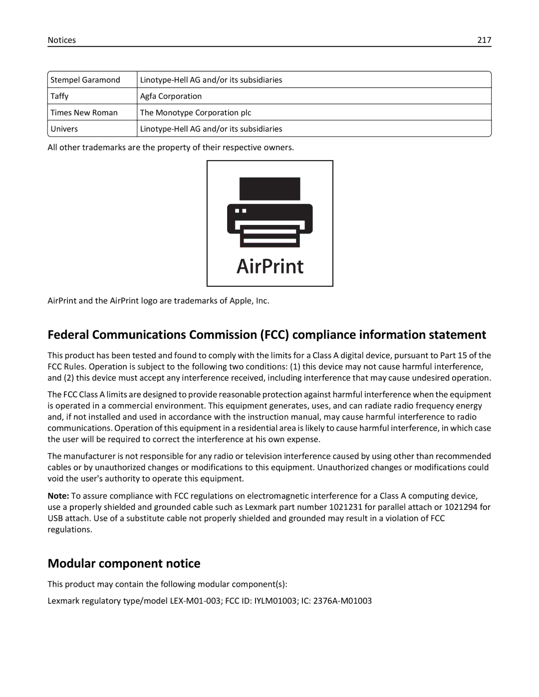 Lexmark 47B0002 manual Modular component notice, 217 