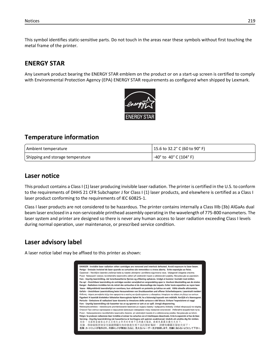 Lexmark 47B0002 manual Temperature information, Laser notice, Laser advisory label, 219 