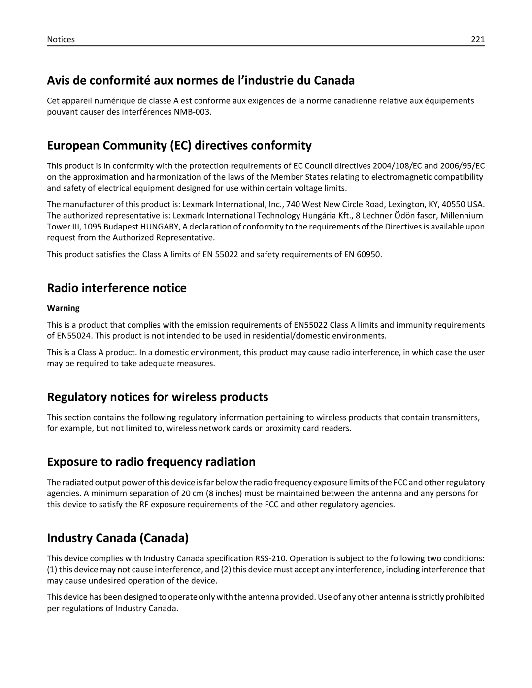 Lexmark 47B0002 manual Avis de conformité aux normes de l’industrie du Canada, European Community EC directives conformity 