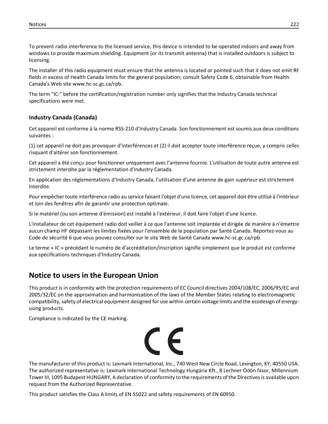 Lexmark 47B0002 manual Industry Canada Canada, 222 