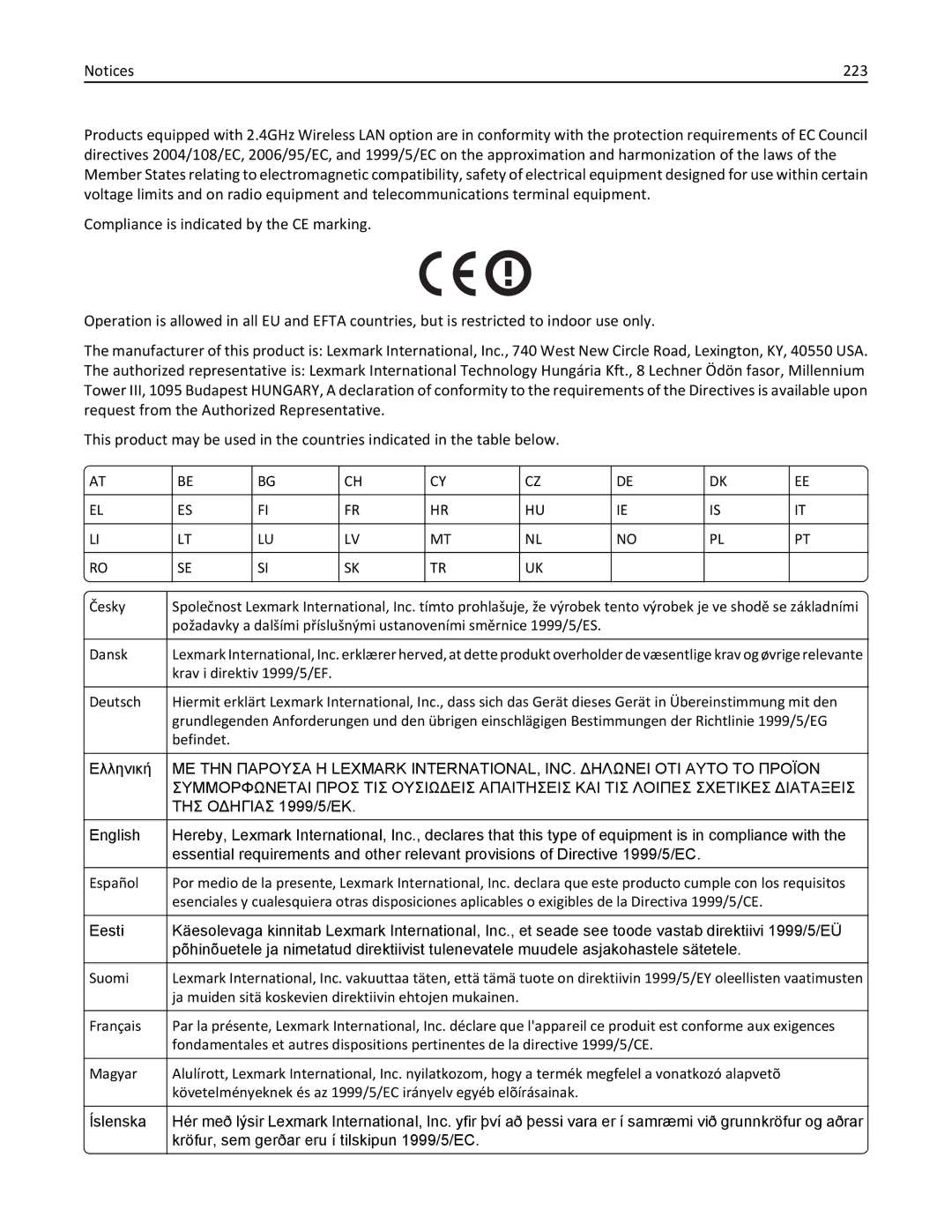 Lexmark 47B0002 manual 223, ΤΗΣ Οδηγιασ 1999/5/ΕΚ 