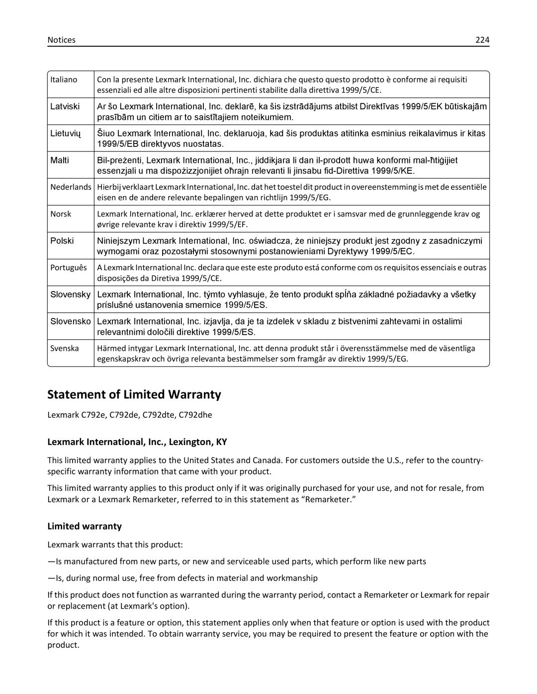 Lexmark 47B0002 manual Statement of Limited Warranty, 224 