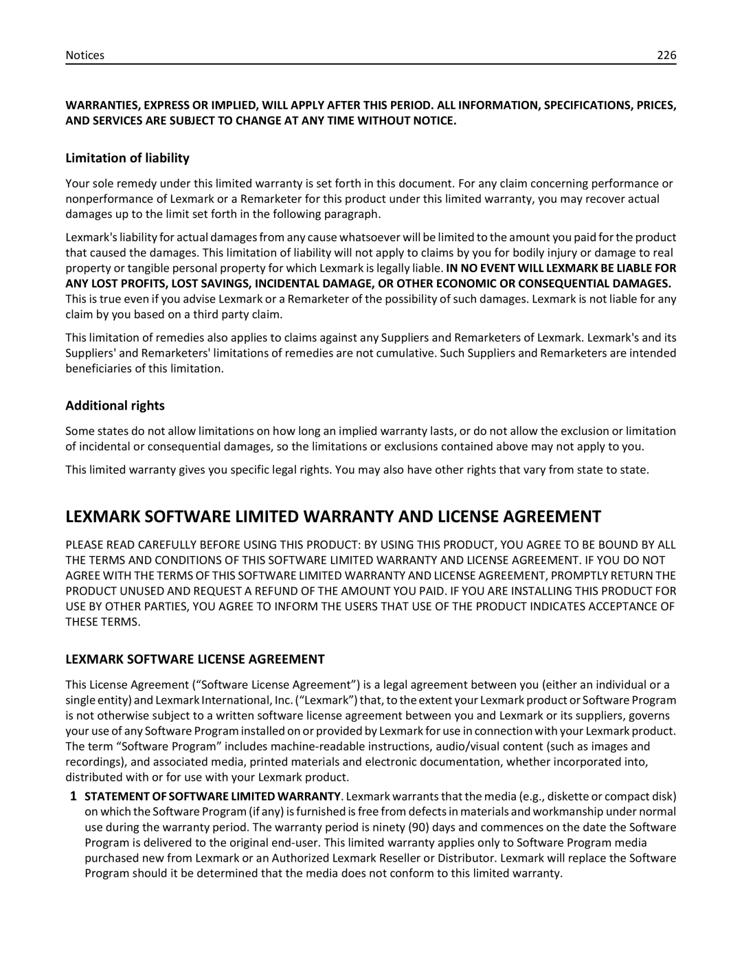 Lexmark 47B0002 manual Limitation of liability, 226 