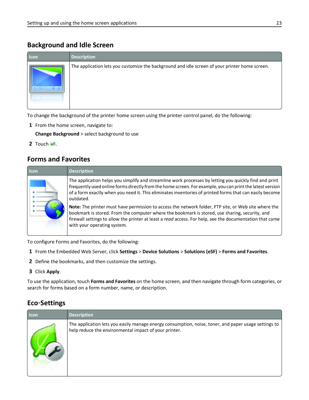 Lexmark 47B0002 manual Background and Idle Screen, Forms and Favorites, Eco‑Settings, Icon Description 