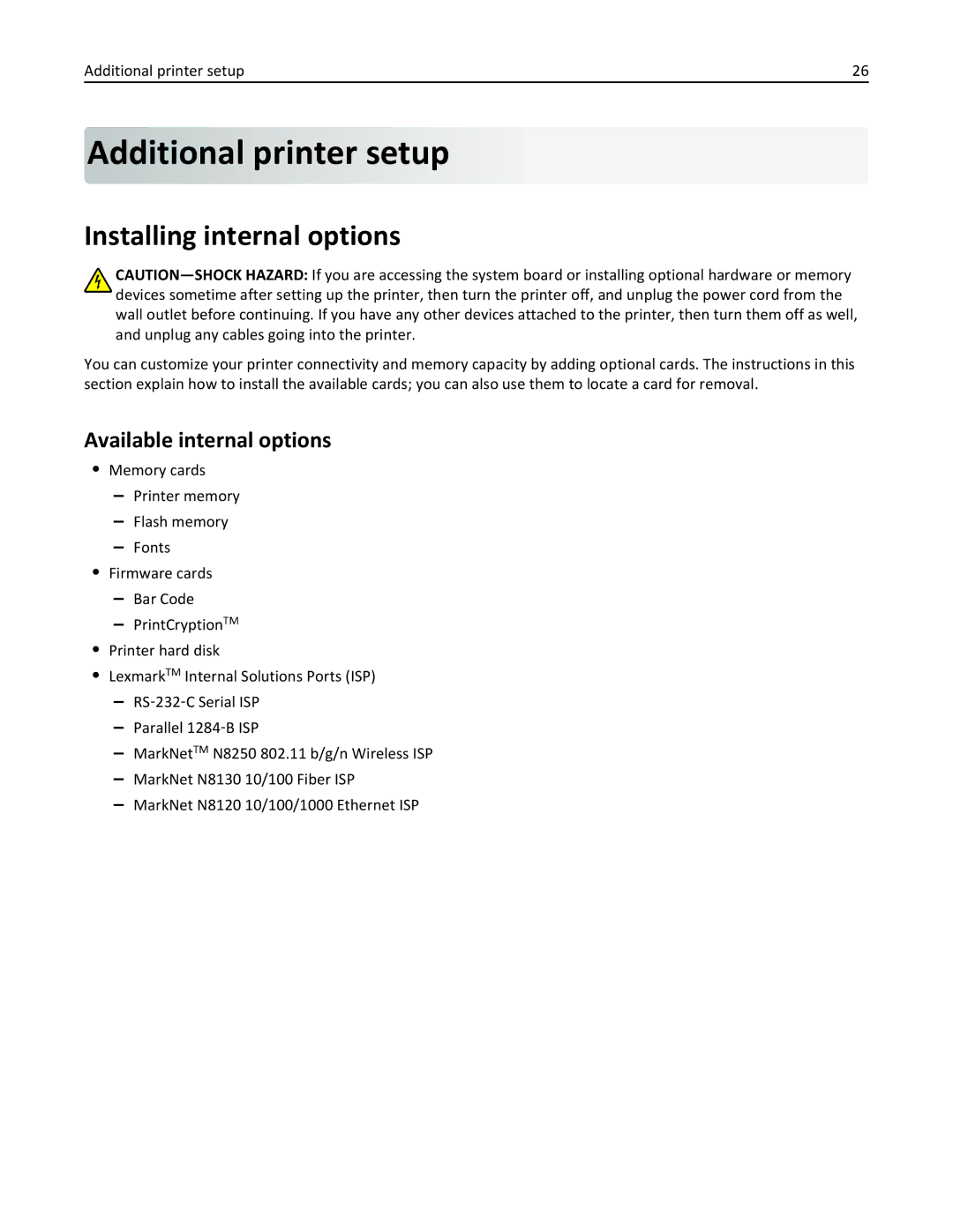 Lexmark 47B0002 manual Additional printer setup, Installing internal options, Available internal options 