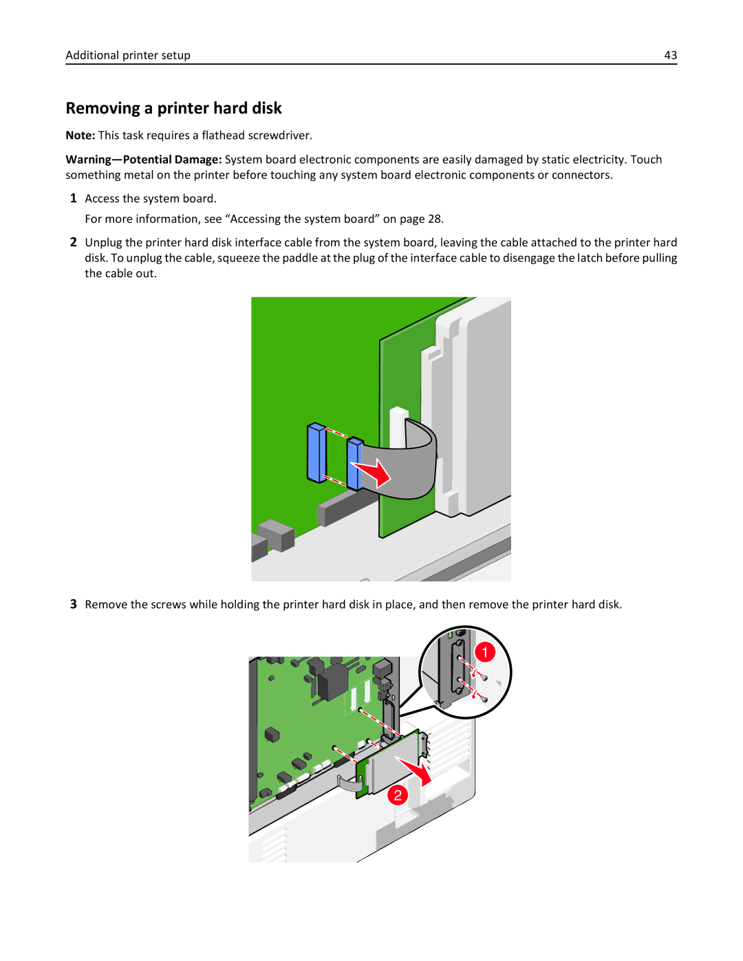 Lexmark 47B0002 manual Removing a printer hard disk, Additional printer setup 