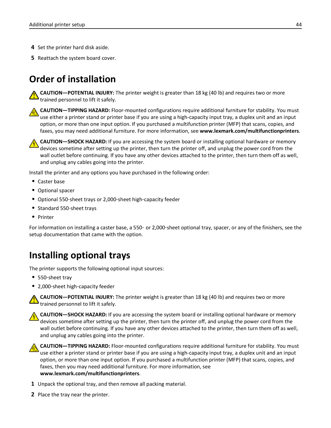 Lexmark 47B0002 manual Order of installation, Installing optional trays 