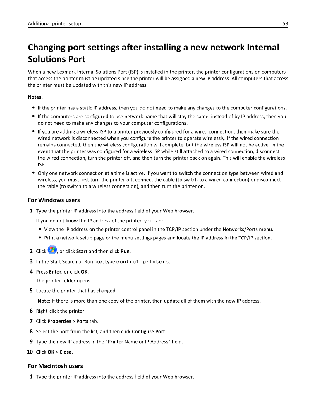 Lexmark 47B0002 manual Click Properties Ports tab 