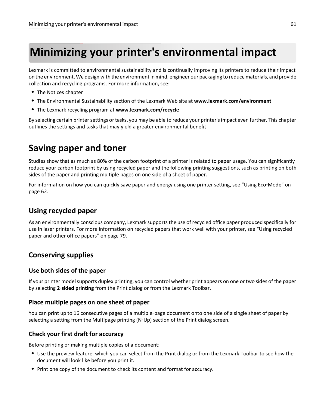 Lexmark 47B0002 manual Minimizing your printers environmental impact, Saving paper and toner, Using recycled paper 