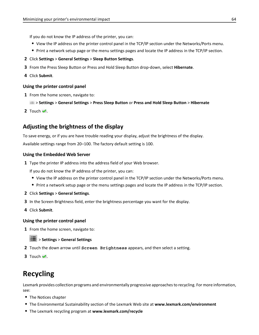 Lexmark 47B0002 Recycling, Adjusting the brightness of the display, Click Settings General Settings Sleep Button Settings 