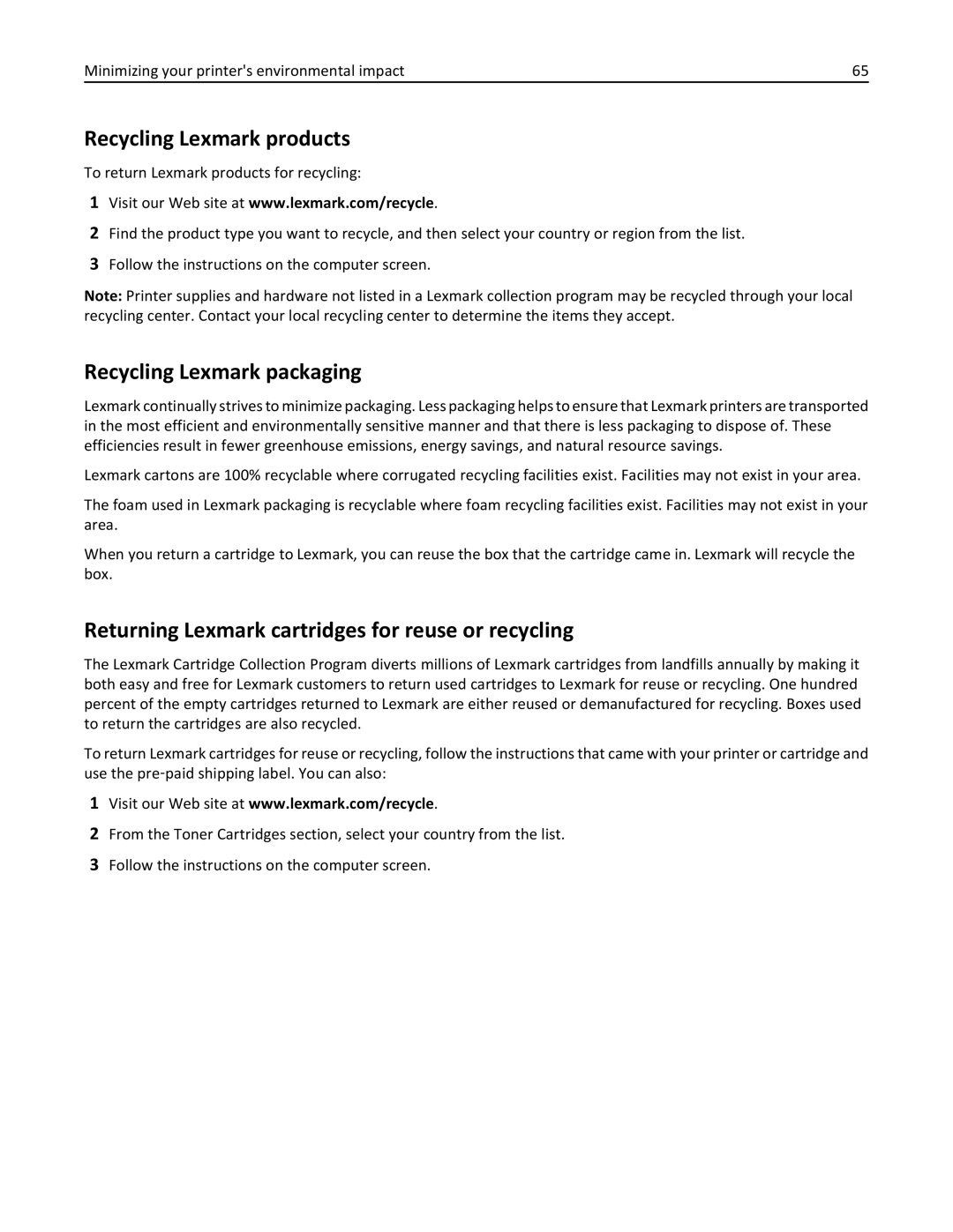 Lexmark 47B0002 manual Recycling Lexmark products, Recycling Lexmark packaging 