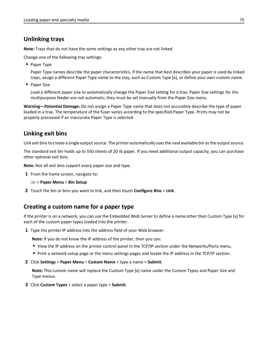 Lexmark 47B0002 manual Unlinking trays, Linking exit bins, Creating a custom name for a paper type, Paper Menu Bin Setup 