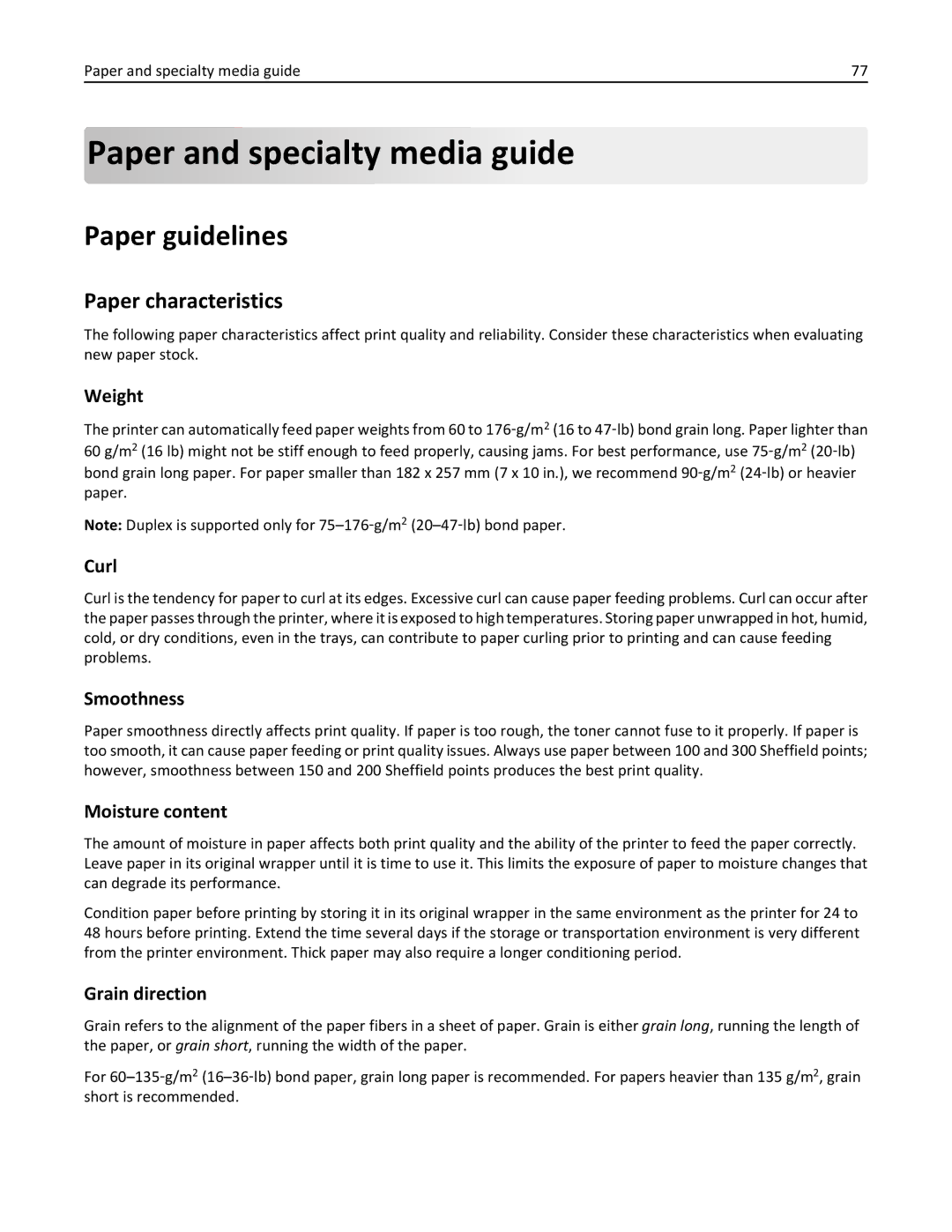 Lexmark 47B0002 manual Paper and specialty media guide, Paper guidelines, Paper characteristics 