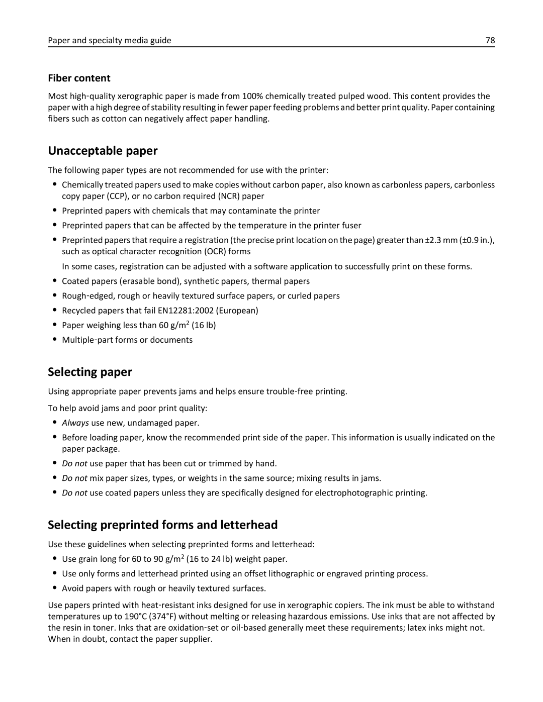 Lexmark 47B0002 manual Unacceptable paper, Selecting paper, Selecting preprinted forms and letterhead 