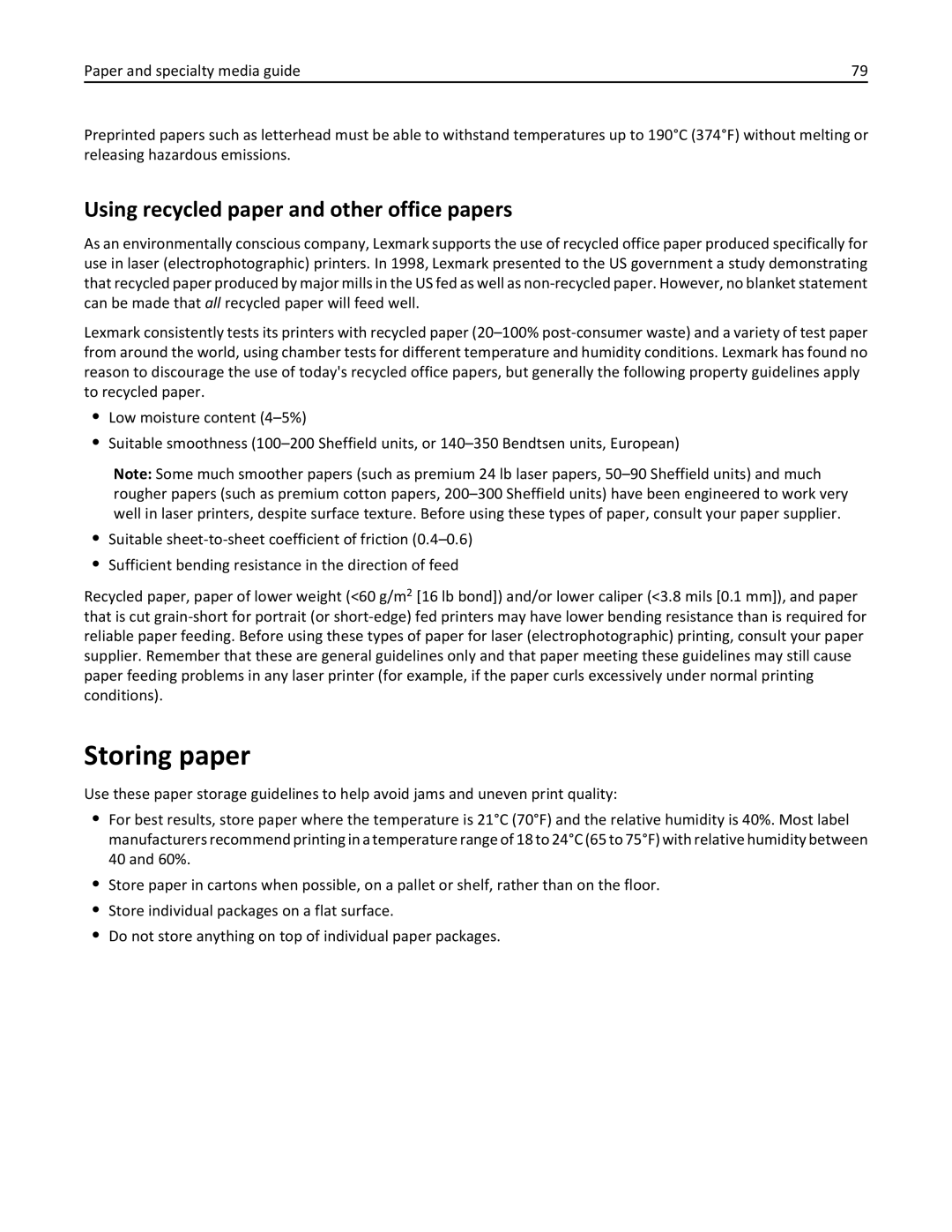 Lexmark 47B0002 manual Storing paper, Using recycled paper and other office papers 