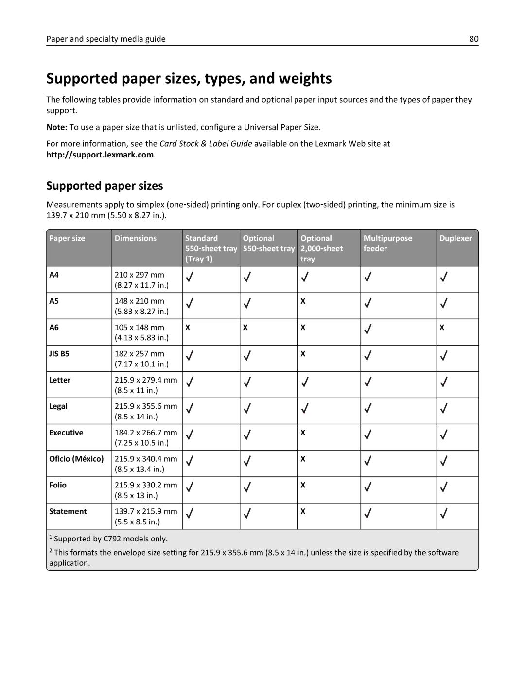 Lexmark 47B0002 manual Supported paper sizes, types, and weights 