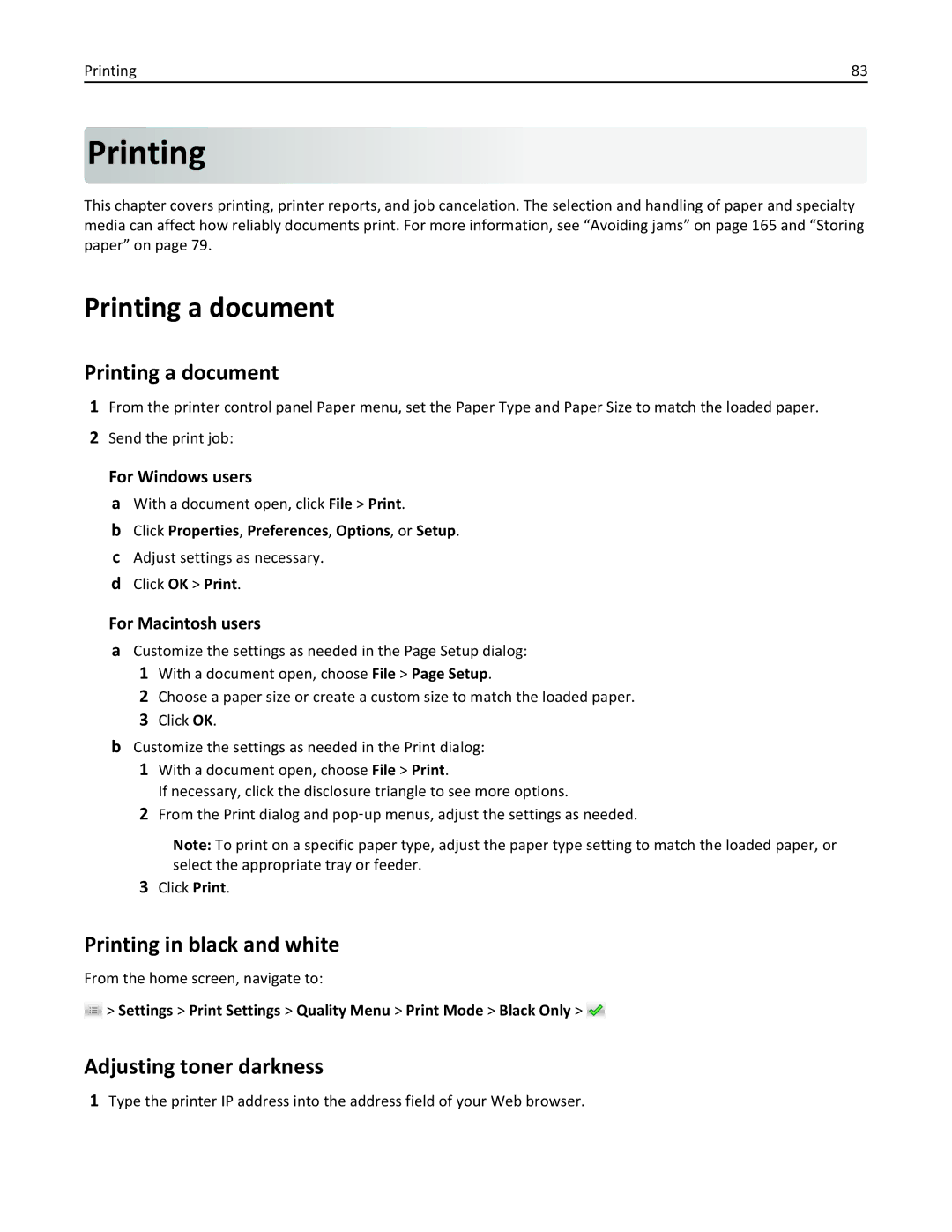 Lexmark 47B0002 manual Printing a document, Printing in black and white, Adjusting toner darkness 