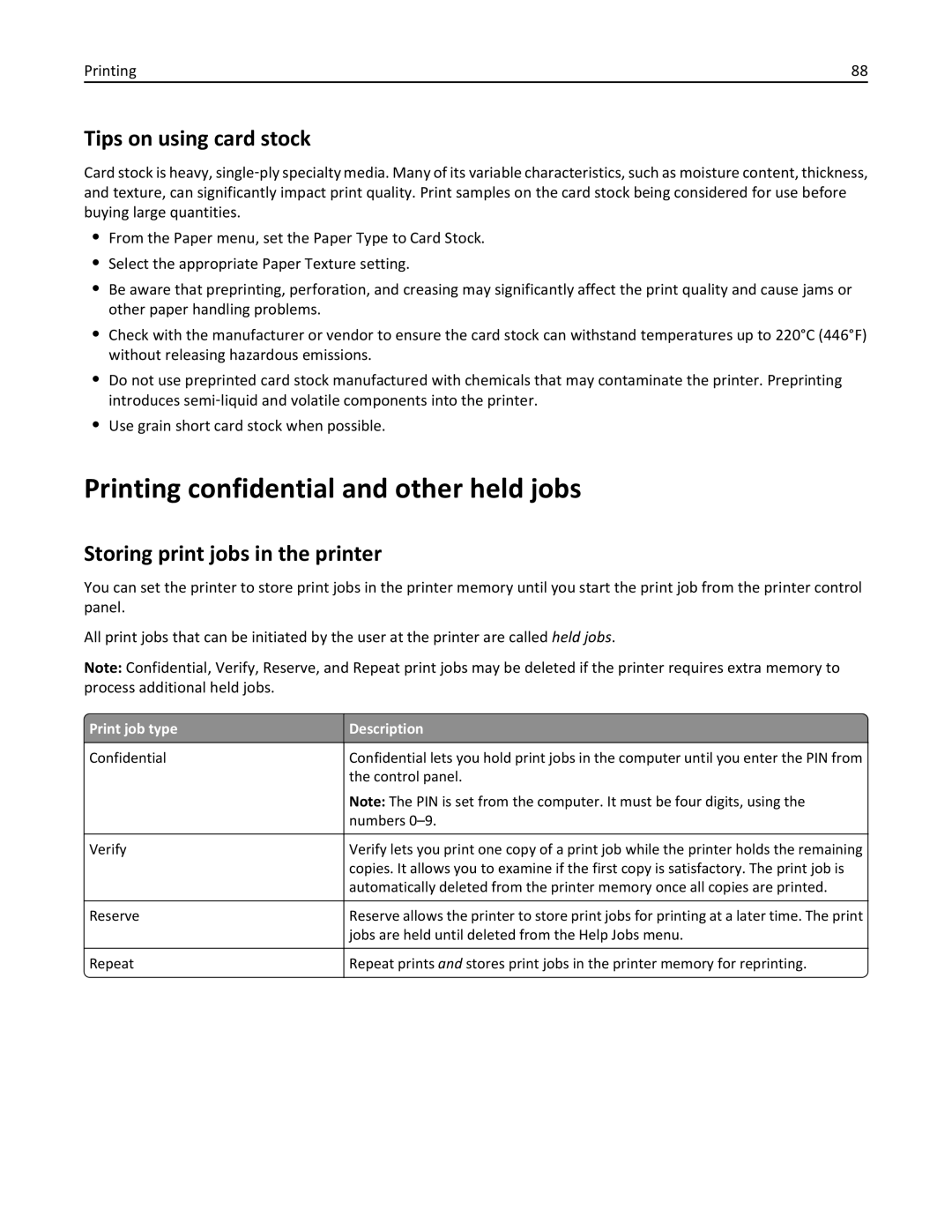 Lexmark 47B0002 Printing confidential and other held jobs, Tips on using card stock, Storing print jobs in the printer 