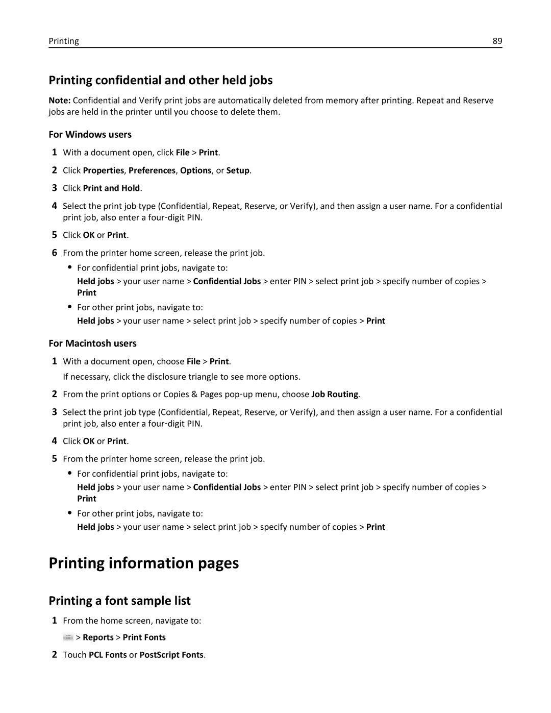 Lexmark 47B0002 manual Printing information pages, Printing confidential and other held jobs, Printing a font sample list 