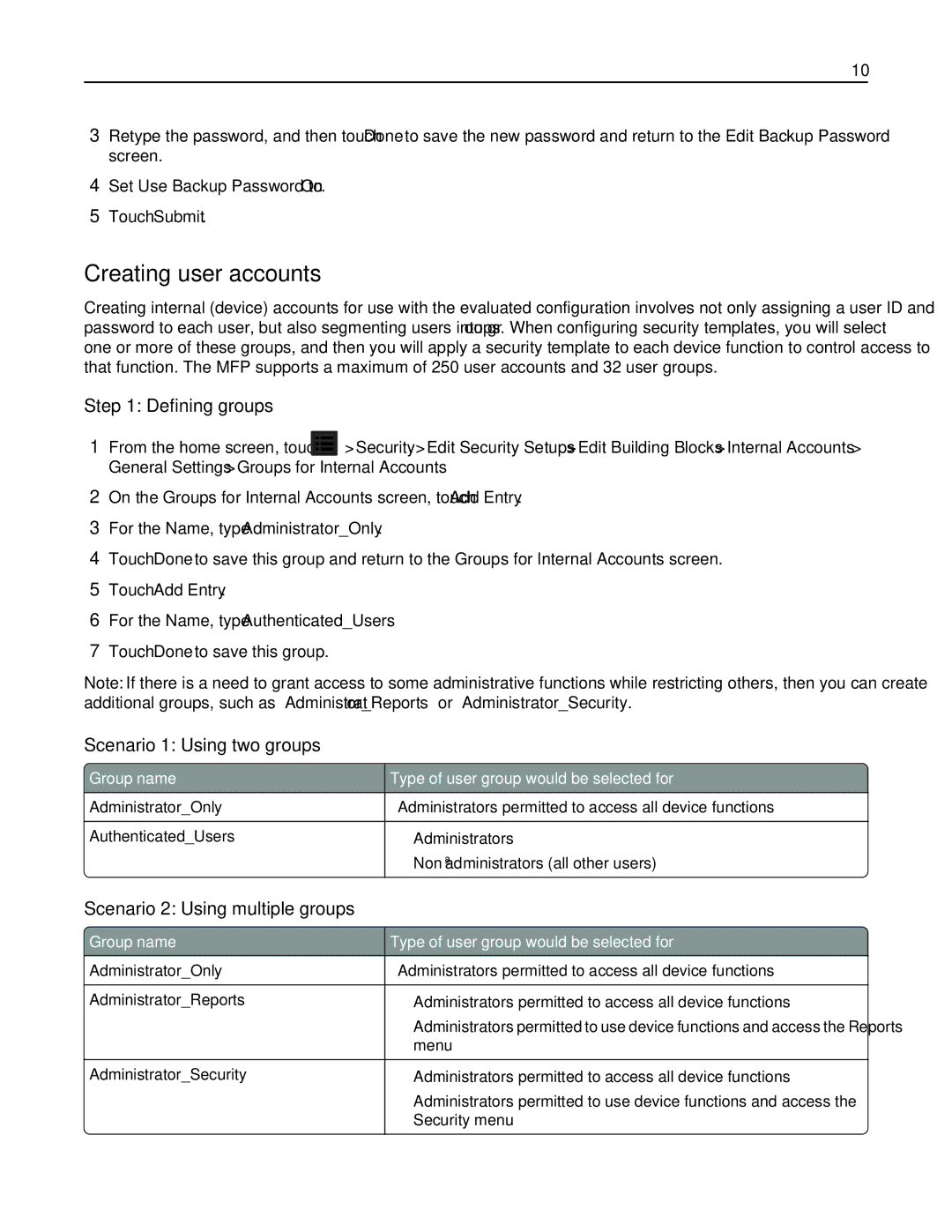 Lexmark X792DTE Creating user accounts, Defining groups, Scenario 1 Using two groups, Scenario 2 Using multiple groups 