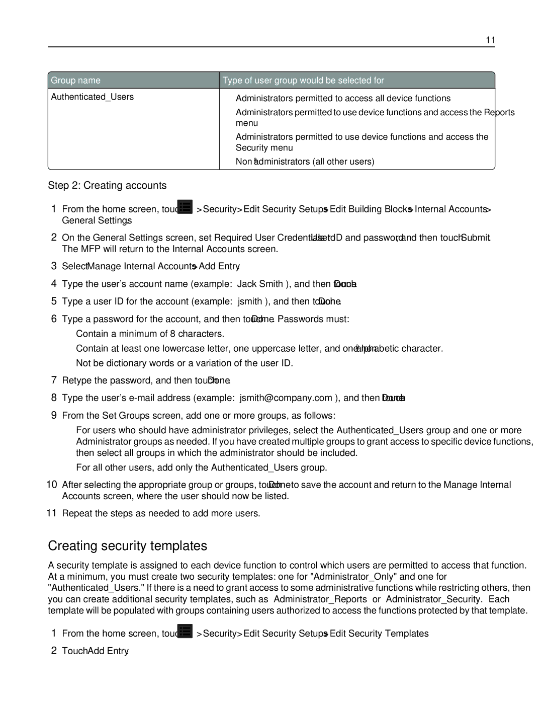 Lexmark X792DE, 47B1001, 47B1000 Creating security templates, Creating accounts, Select Manage Internal Accounts Add Entry 