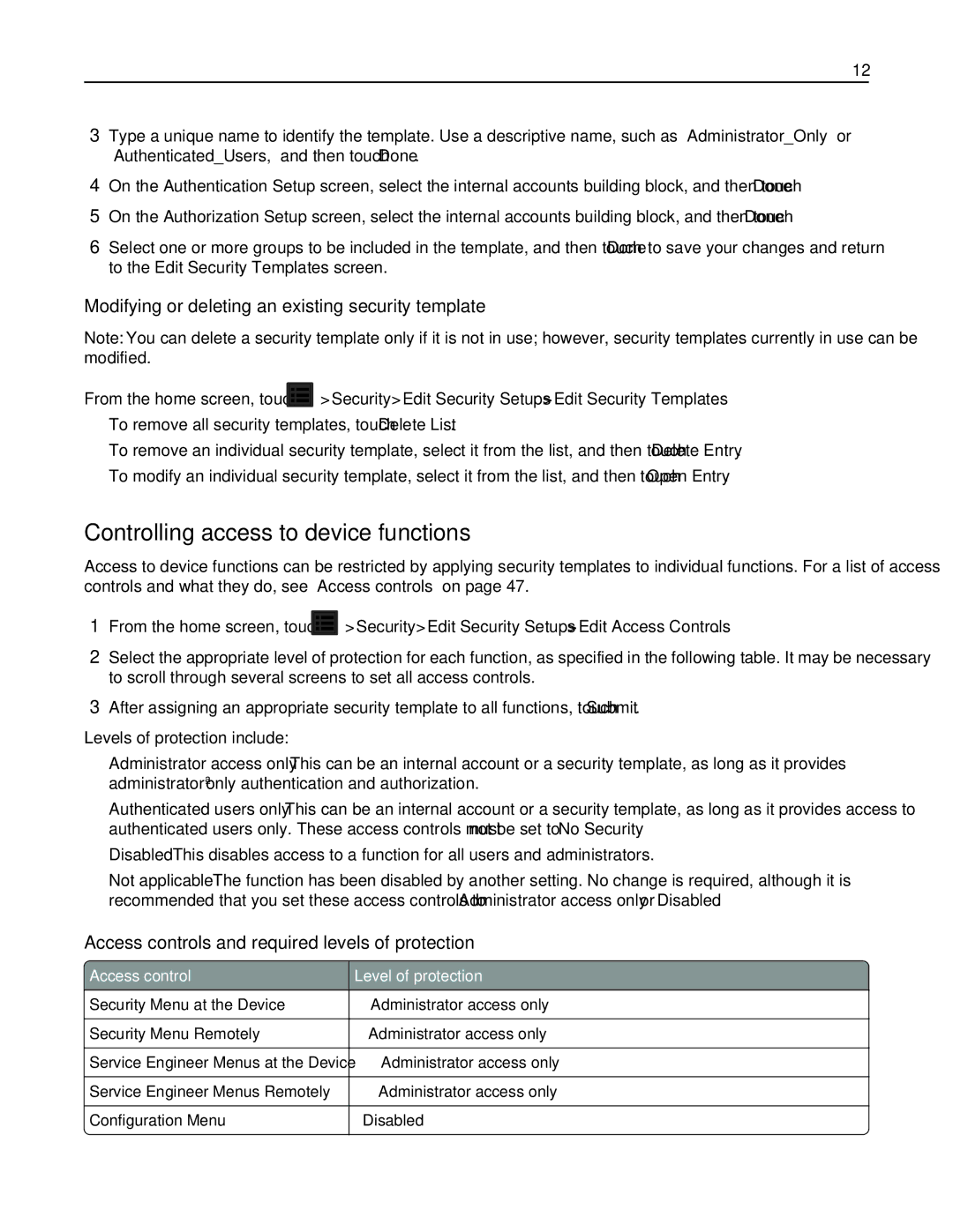 Lexmark 47B1001, 47B1000 manual Controlling access to device functions, Modifying or deleting an existing security template 