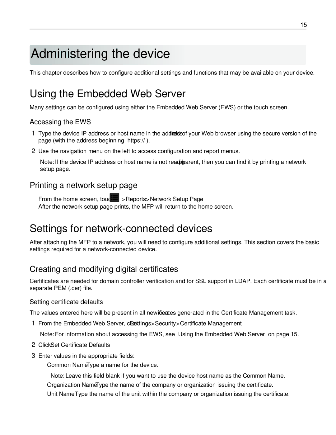 Lexmark X792DE, 47B1001 Administering the device, Using the Embedded Web Server, Settings for network-connected devices 