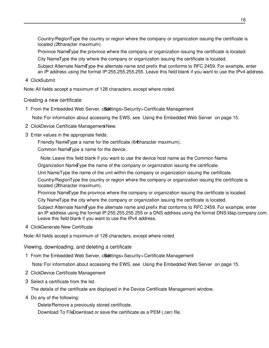 Lexmark 47B1001, 47B1000, X792DTE, X792DE manual Creating a new certificate, Viewing, downloading, and deleting a certificate 