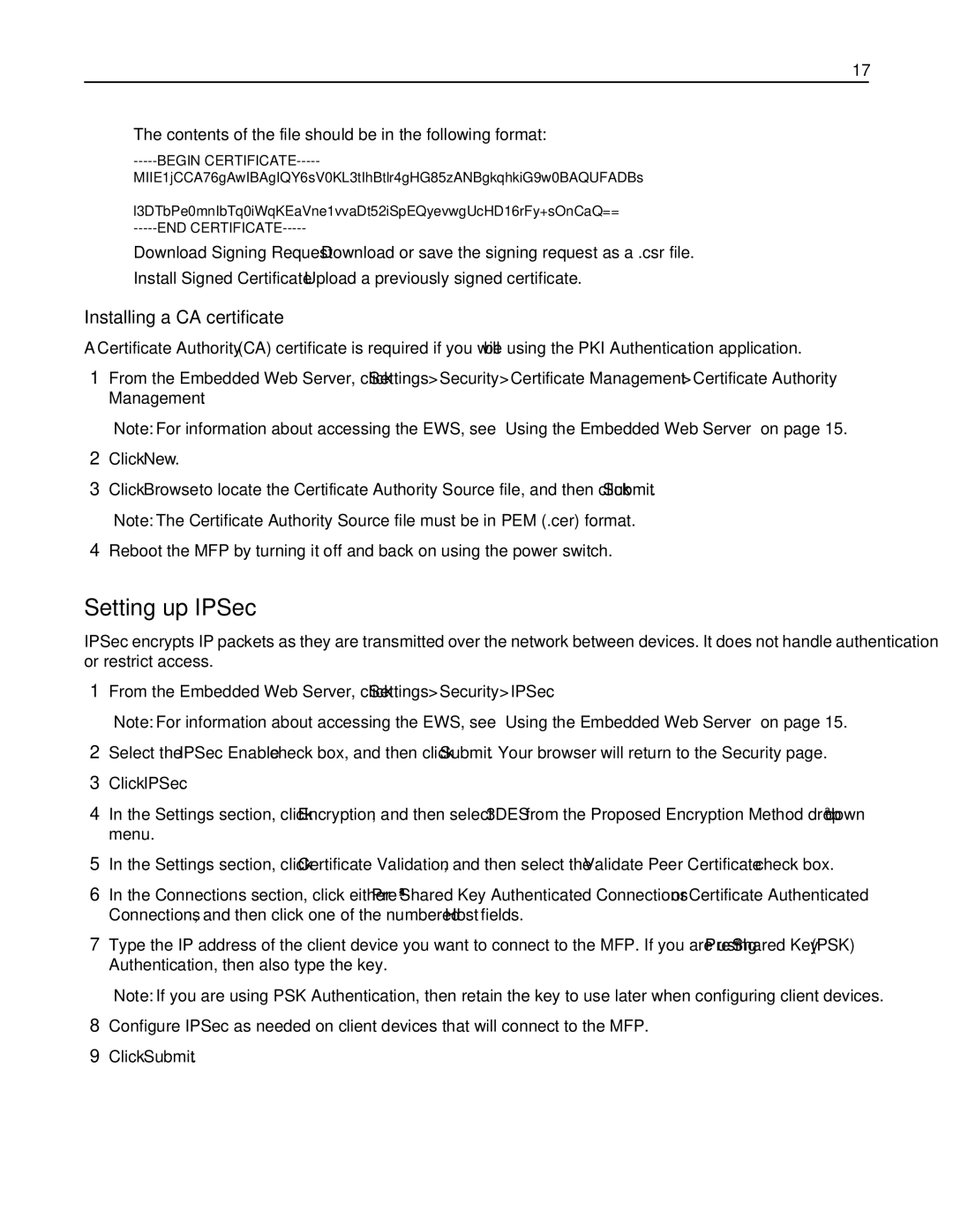 Lexmark 47B1000, 47B1001, X792DTE, X792DE manual Setting up IPSec, Installing a CA certificate 