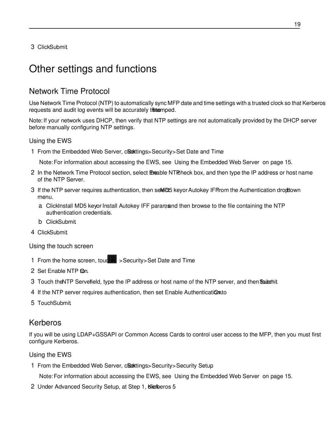 Lexmark X792DE, 47B1001, 47B1000, X792DTE manual Other settings and functions, Network Time Protocol, Kerberos 