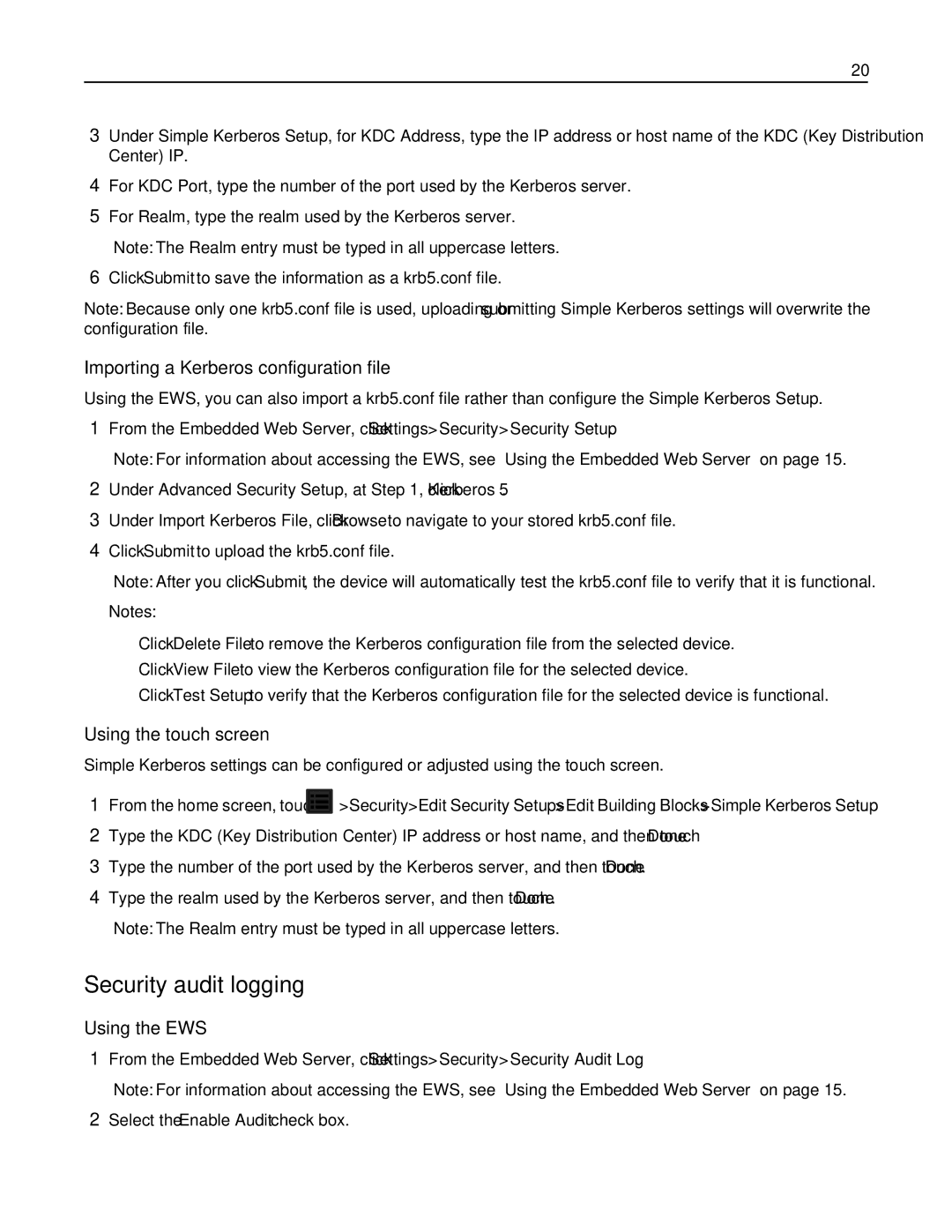 Lexmark 47B1001, 47B1000, X792DTE, X792DE manual Security audit logging, Importing a Kerberos configuration file 