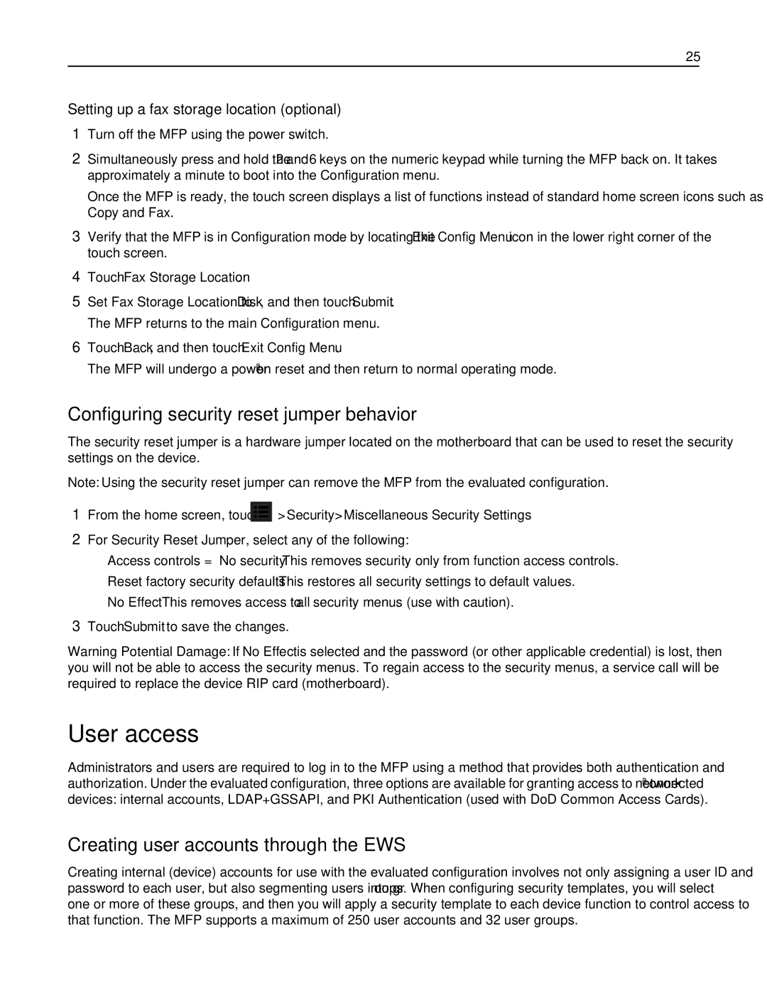 Lexmark 47B1000, 47B1001 User access, Configuring security reset jumper behavior, Creating user accounts through the EWS 