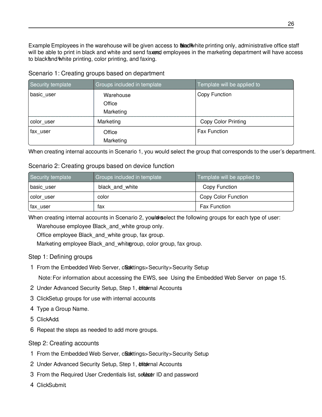 Lexmark X792DTE manual Scenario 1 Creating groups based on department, Scenario 2 Creating groups based on device function 