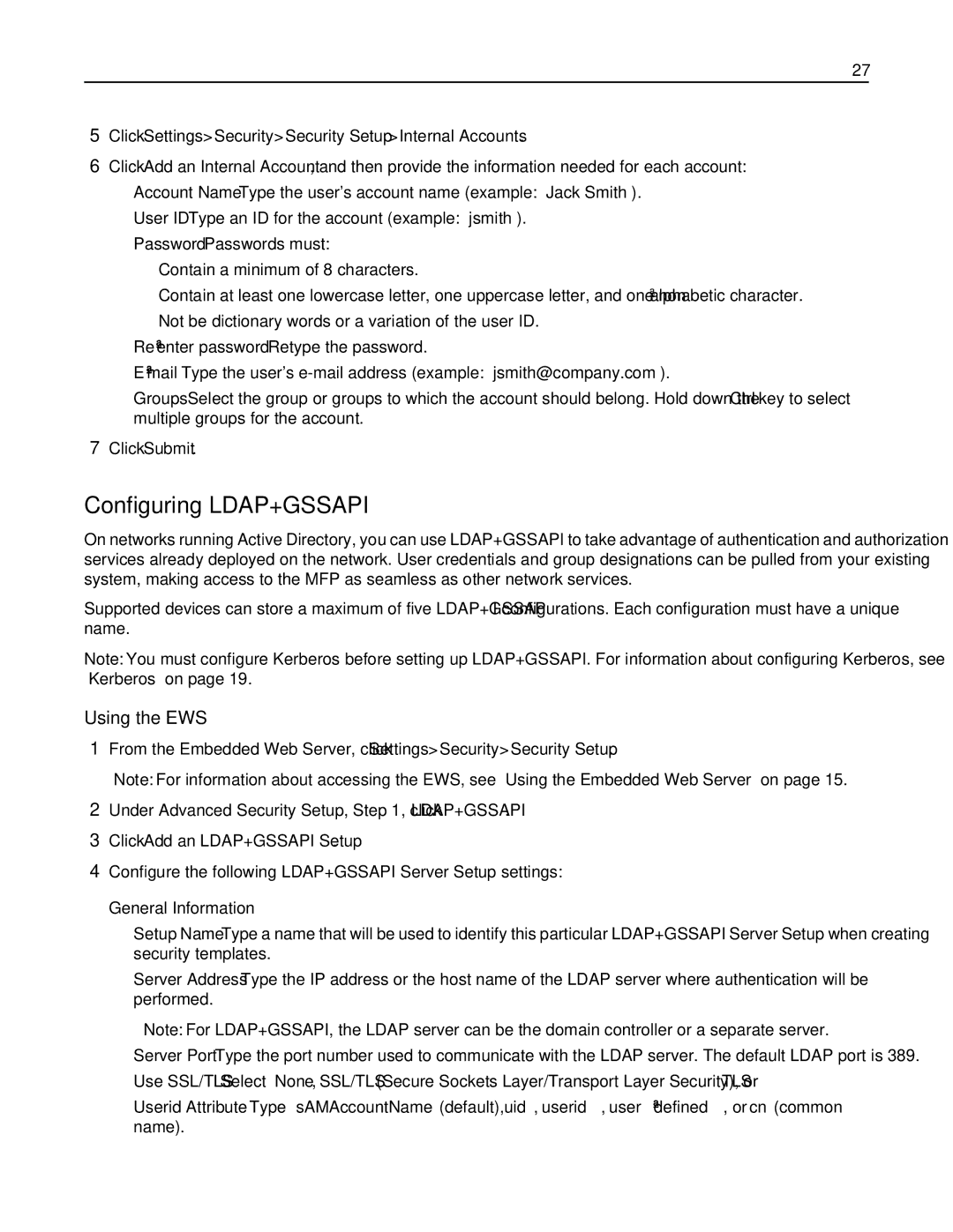 Lexmark X792DE Configuring LDAP+GSSAPI, Click Settings Security Security Setup Internal Accounts, General Information 