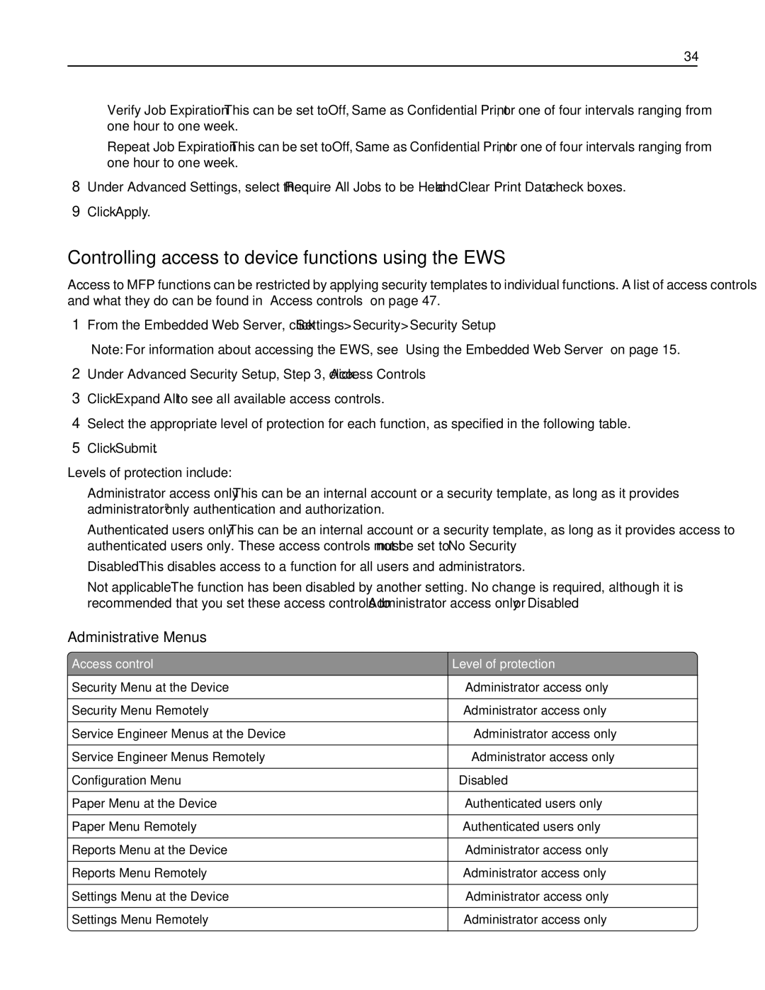 Lexmark X792DTE, 47B1001, 47B1000, X792DE manual Controlling access to device functions using the EWS, Administrative Menus 