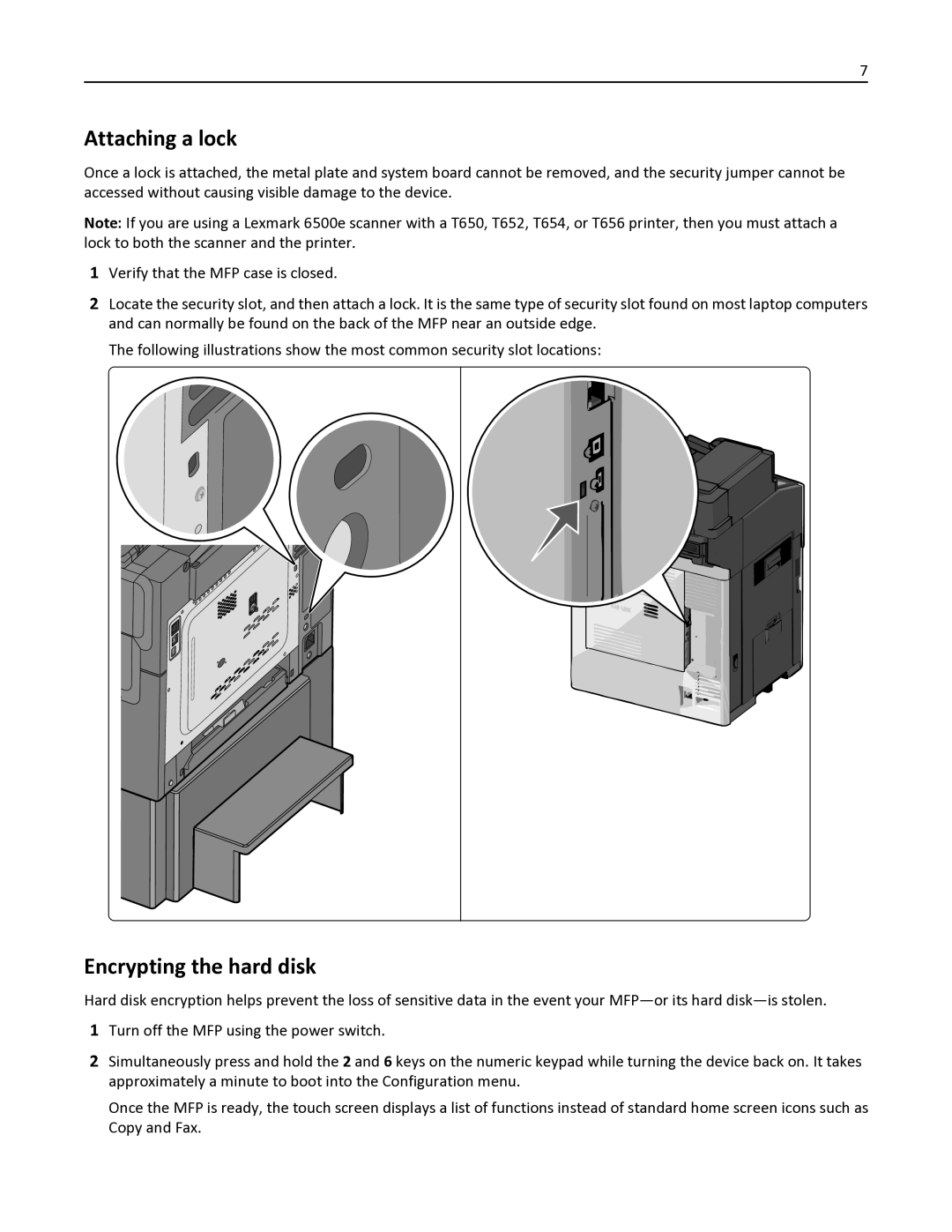 Lexmark X792DE, 47B1001, 47B1000, X792DTE manual Attaching a lock, Encrypting the hard disk 