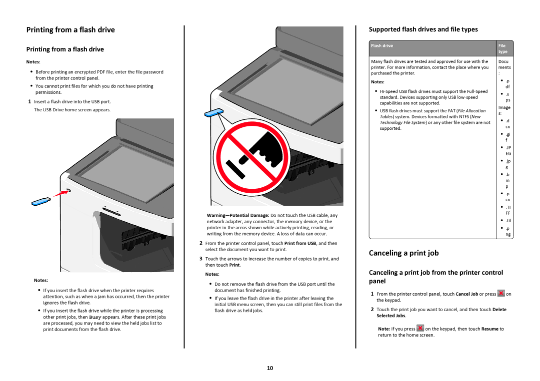 Lexmark 47BT021, 47B1285 manual Printing from a flash drive, Canceling a print job, Supported flash drives and file types 