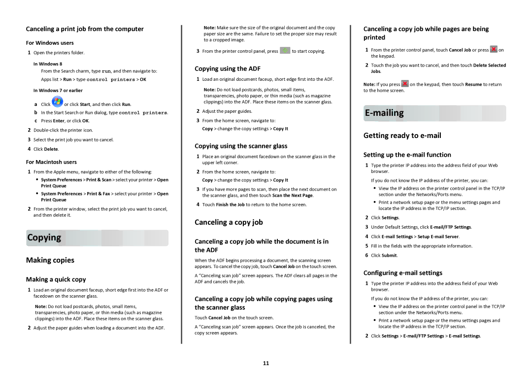 Lexmark 47B1285, 47BT021 manual Mailing, Making copies, Canceling a copy job, Getting ready to e-mail 