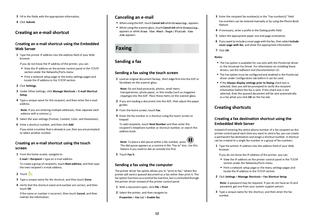 Lexmark 47BT021, 47B1285 manual Faxing, Creating an e-mail shortcut, Canceling an e-mail, Sending a fax, Creating shortcuts 