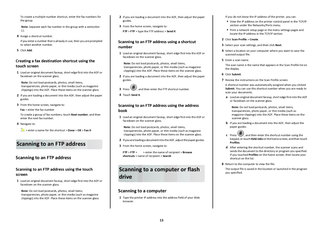 Lexmark 47B1285, 47BT021 manual Scanning to an FTP address, Scanning to a computer or flash drive 