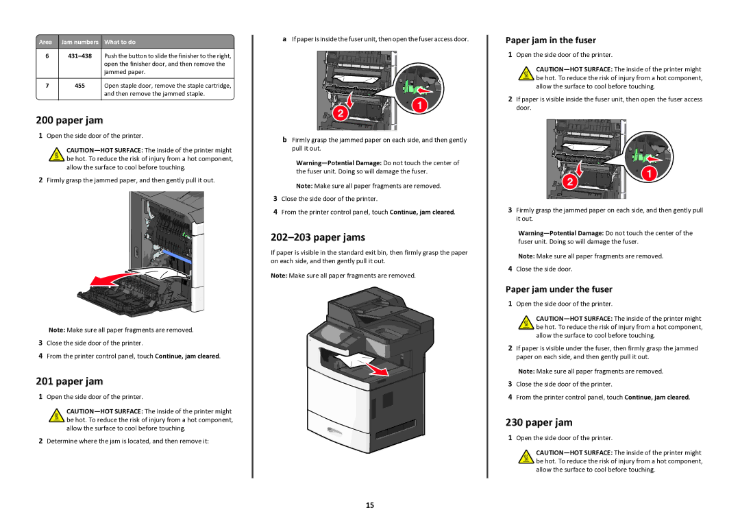 Lexmark 47B1285, 47BT021 manual Paper jams, Paper jam in the fuser, Paper jam under the fuser 